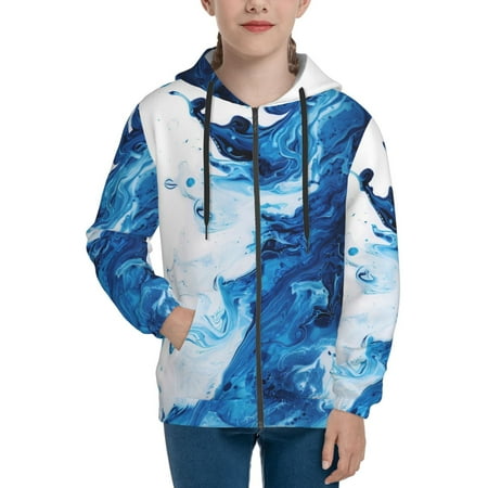 

Hoodies for Teen Girls Boys Blue White Fluid Art Long Sleeve Youth Kids Essentials Zip Up Hoodie Lghtweight Fashion Hoodies & Sweatshirts Jacket Fall Winter Outfits Tops