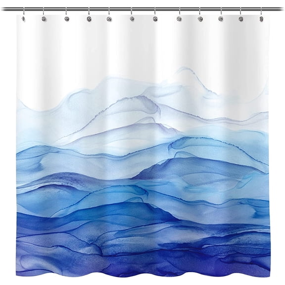 Ombre Blue Watercolor Textured Slubbed Fabric Shower Curtain, Abstract Ocean Wave Shower Curtains for Bathroom Decoration, 60x72in