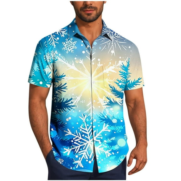 SERTG Men's Christmas Print Short Sleeve Shirt Lapel Collar Button Front Resort Casual Hawaiian Shirt Men Christmas Gifts Tops(Sky Blue,XL)