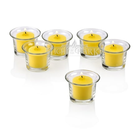 Clear Glass Lip Votive Candle Holders With Yellow votive candles Burn 10 Hours Set of 12