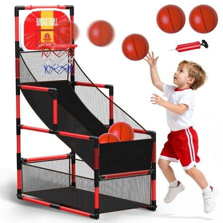 UUSUOO Arcade Basketball Game Set for Kids,Adjustable Height 45"-56" Kids Basketball Hoop with 2 Balls & Pump, Indoor Outdoor Sports Play Toys,Birthday Gift for Boys Girls Age 5 6 7 8   ,Red