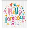 thumbnail image 3 of Hello Gorgeous Shower Curtain, Girl Female Themed Typography Quote with Star Hearts Lines and Floral Motifs, Fabric Bathroom Set with Hooks, 69W X 75L Inches Long, Multicolor, by Ambesonne, 3 of 3