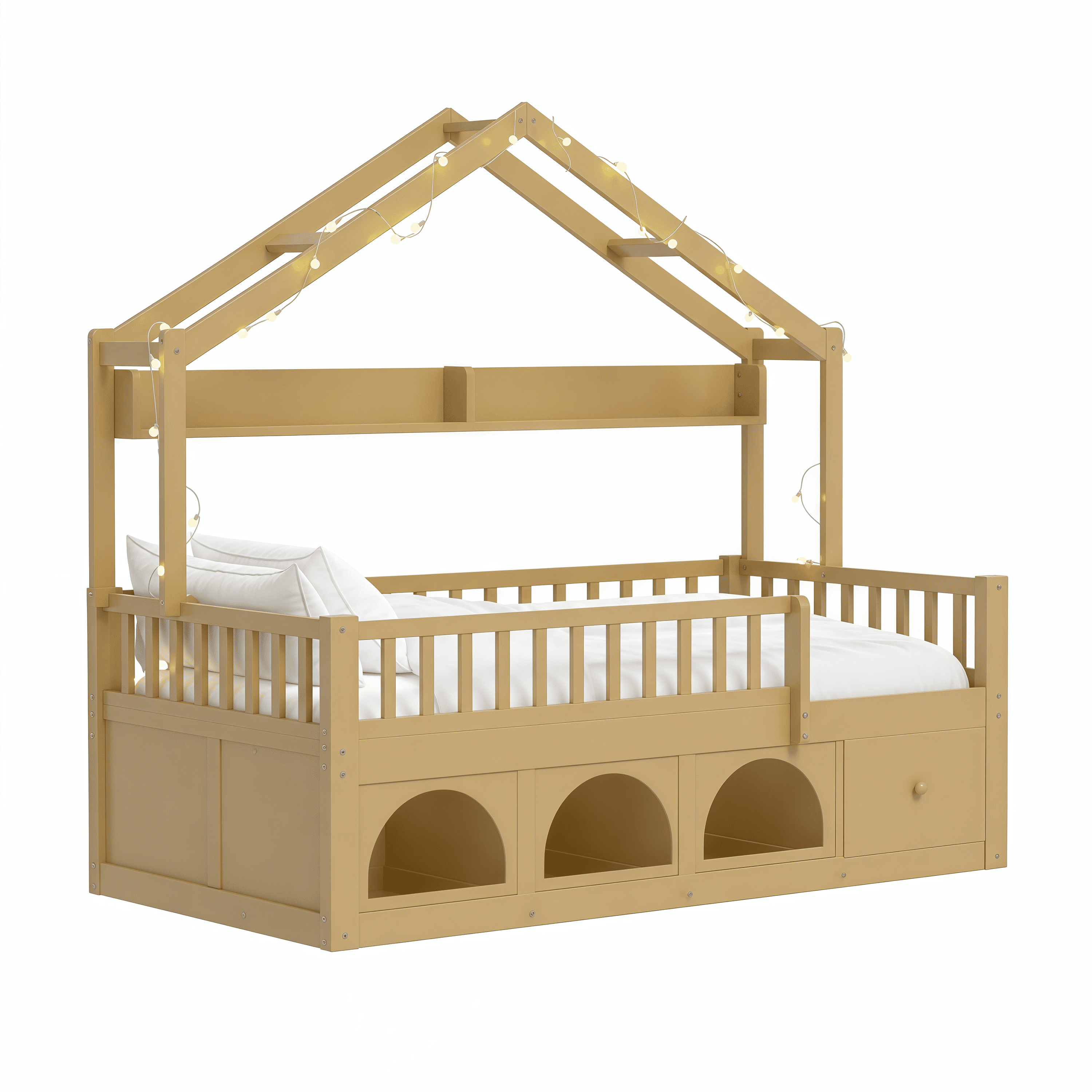 Mintazer Twin Montessori Floor Bed with LED Lights & Bookshelf, Kids House Floor Bed with 3 Arched Cubbies & Drawer and Guardrail for Boys Girls Bedroom Playroom, Natural