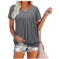 thumbnail image 6 of Summer Women's New Round Neck Solid Color Pleated Short Sleeve Casual T-Shirt - Blue - L, 6 of 6