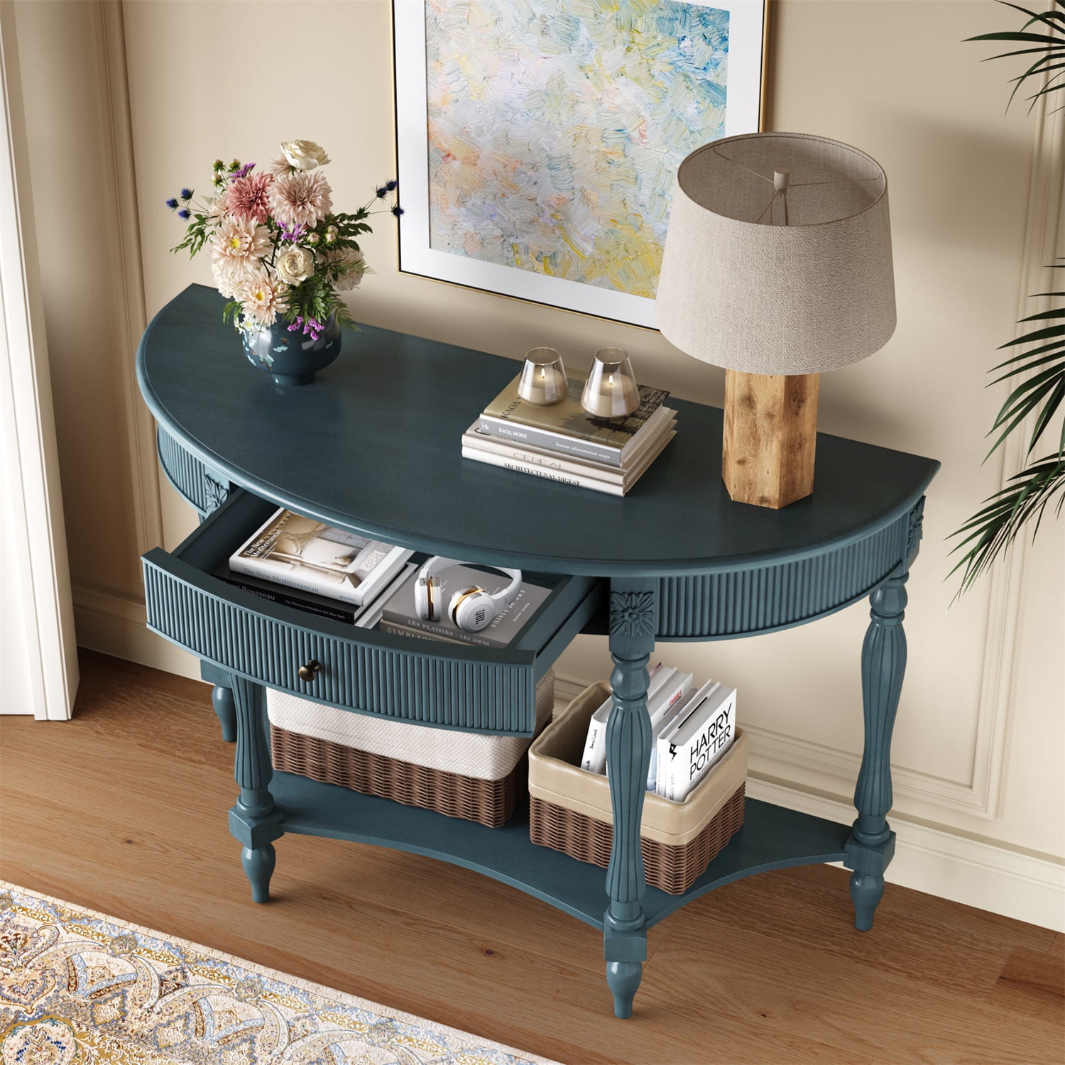 Hommoo Solid Wood Half Moon Console Table with Drawer & Open Shelf, Fluted Vintage Entryway Table for Hallway, Foyer, Living Room, or Behind Sofa, Farmhouse Style, Rustic Blue