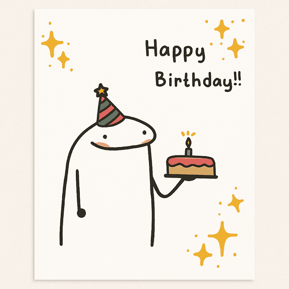 Happy Birthday Card with Cute Character – Adorable Illustration of a Creature with Cake – Blank Inside, Envelope Included – Perfect for Birthday Celebrations