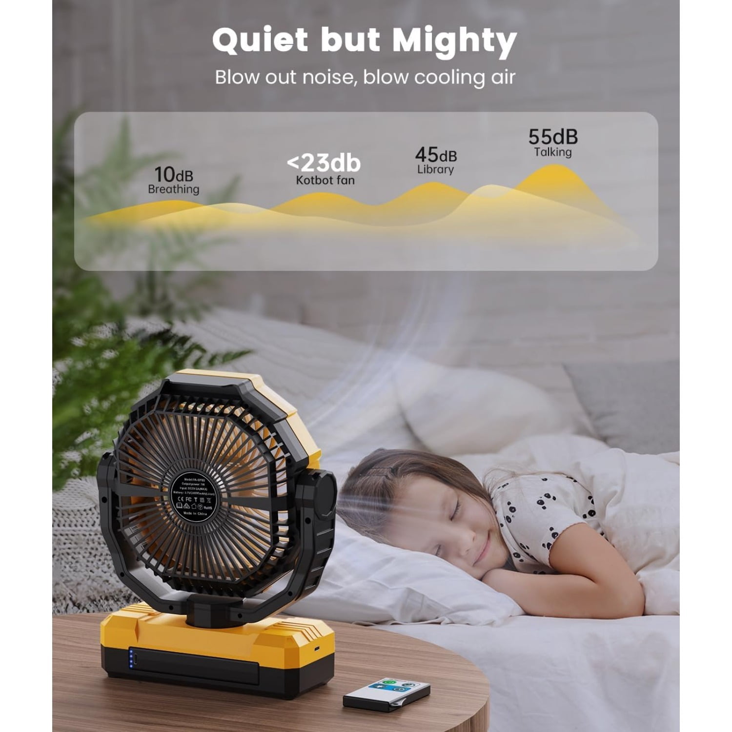Portable Camping Tent Fan 24000mAh Rechargeable Battery Operated Desk Fan Auto Oscillating with LED Lantern and Remote Black