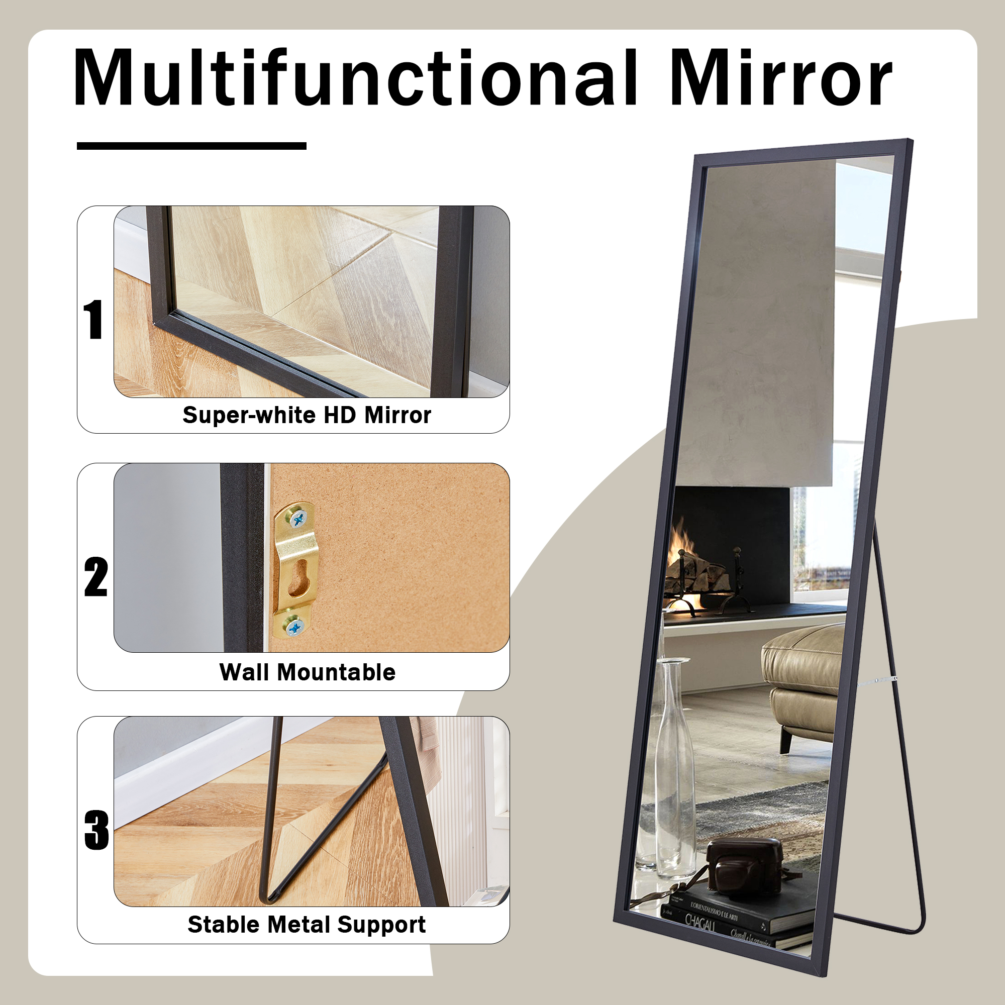 Full-Length Mirror, Dressing Mirror with Wood Grain Solid Wood Frame, Floor Standing Mirror for Living Room, Bedroom, 65"×22.8", Black