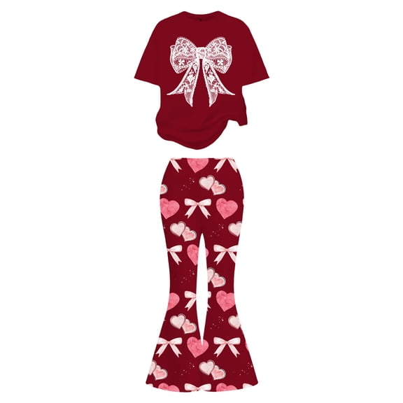 Kiijoy Valentine's Day Girls Outfits Cute Bow Short Sleeve T Shirt and Flared Pants Set, Sizes 9-10