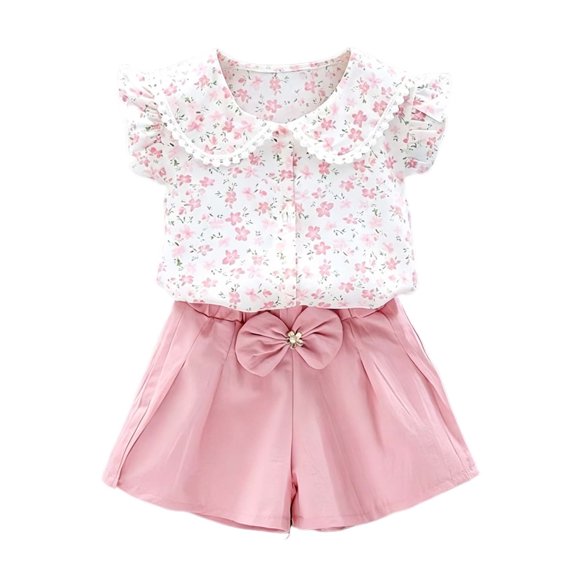 IFNWSV Girls Summer Outfits 2 Piece Floral Print Short Sleeve Casual Pan Collar Top and Bow Shorts Set Pink 3-4 Years