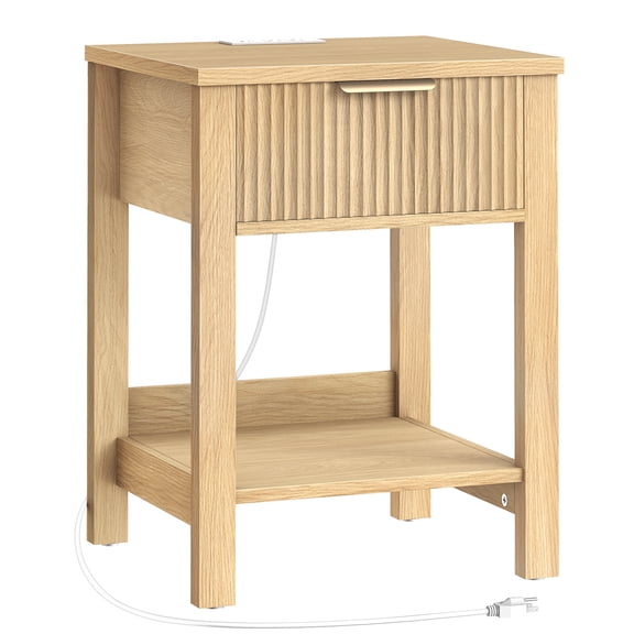 HOOBRO Fluted Nightstand with Charging Station, Drawer & Open Shelf,Natural