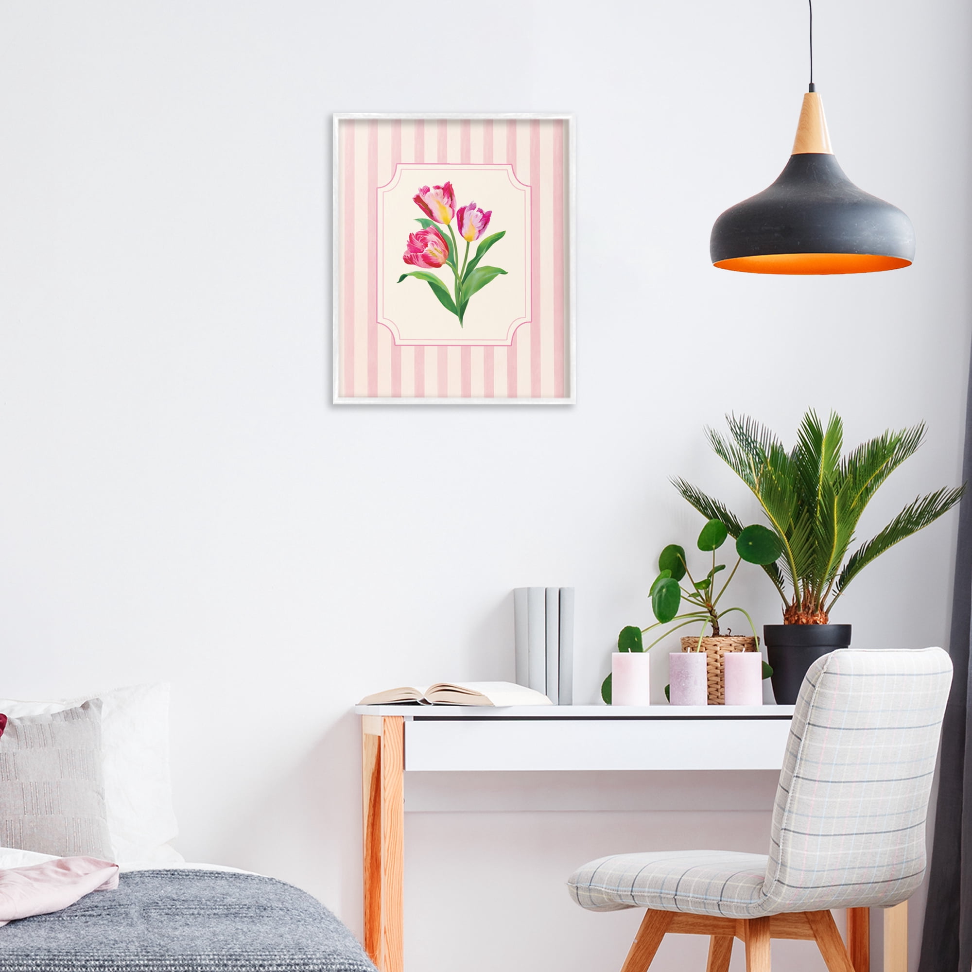 Stupell Industries Magenta Tulips over Stripes White Framed Giclee Art, design by Diane Neukirch