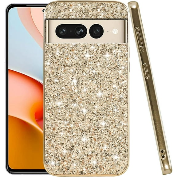 Compatible with Google Pixel 7 Pro Case, Glitter Sparkly Google Pixel 7 Pro Phone Case with Slim Silicone Shockproof Protective Bumper Cover for Cute Girls Women (Gold)
