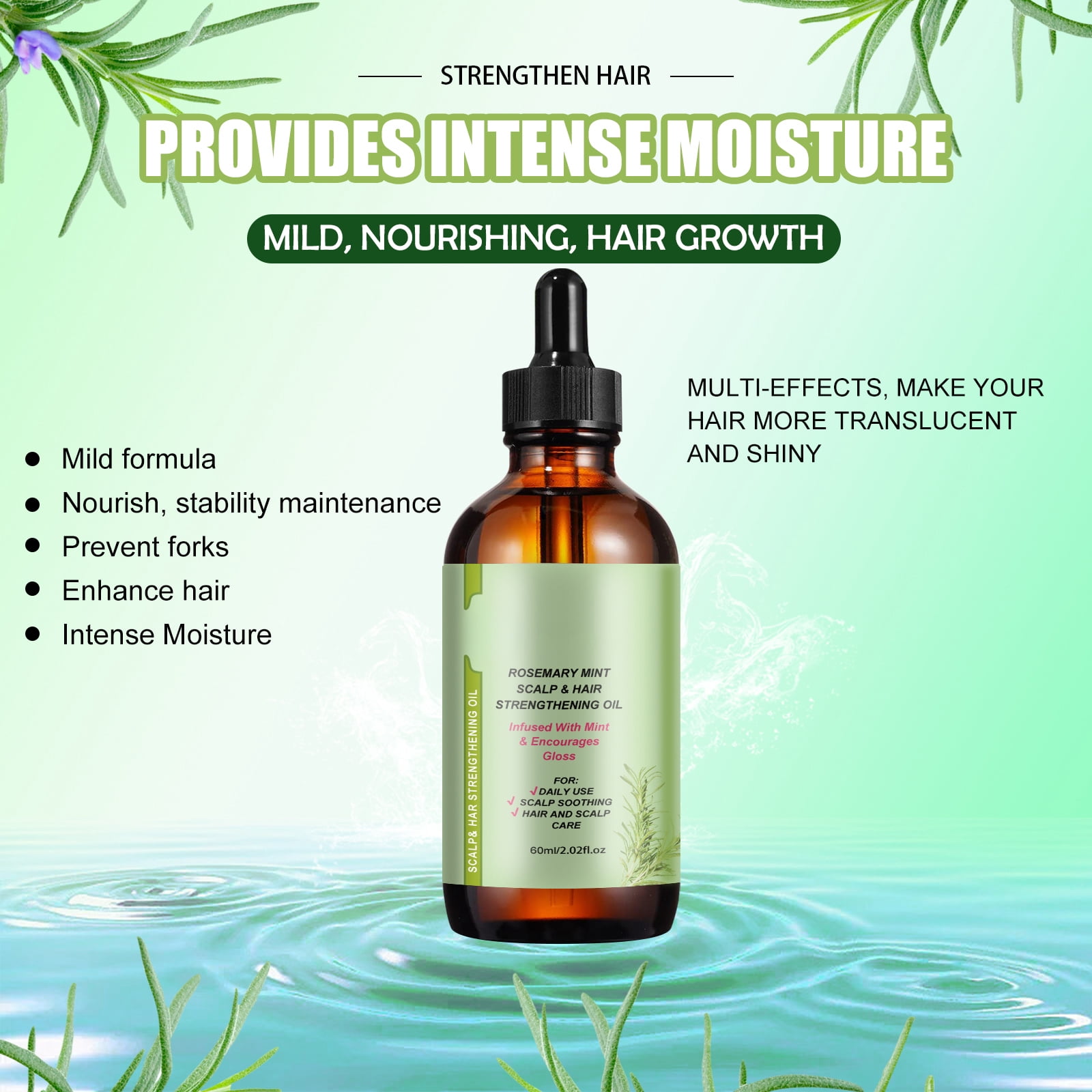 Alvantor Rosemary Hair Oil for Dry, Damaged Hair - Frizz Control and Growth Treatment, 2.02 fl oz