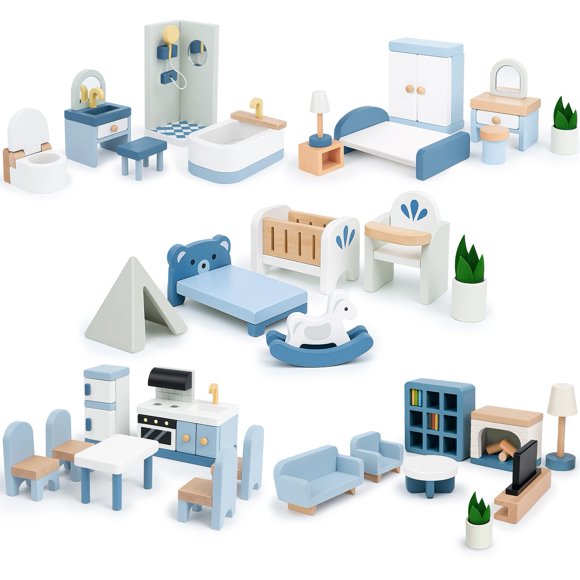 Wooden Dollhouse Furniture Set, Sanlebi Doll House Accessories and Furniture, Miniature Furniture Including 5 Room Kits, Pretend Play Toy Gift for Bo