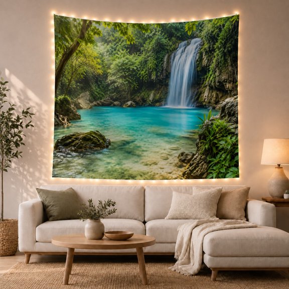 Waterfall Cascading Into Turquoise Pool with Mossy Rocks, Serene Watercolor for Wildlife Lovers, Nature Scene Wall Art, Housewarming Gift, Tapestry Wall Hanging for Bedroom and Living Room