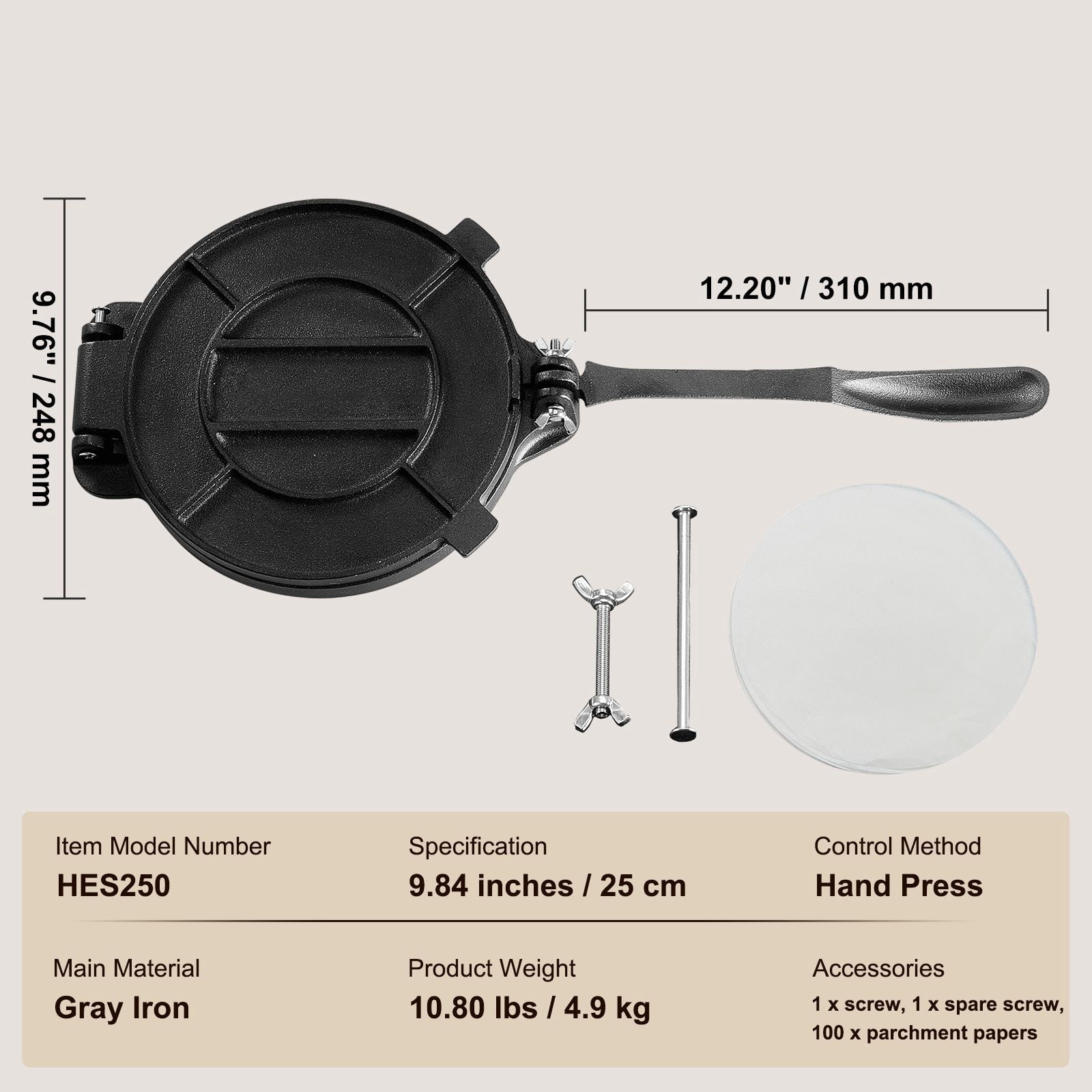 8-Inch Cast Iron Tortilla Press, Heavy-Duty, Non-GMO Flaxseed Oil Seasoned, Ergonomic Handle, Includes 100 Silicone Papers for Flour Corn Tortillas