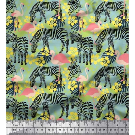 Soimoi Green Poly Georgette Fabric Monstera Leaves Flamingo & Wild Animal Decor Fabric Printed BTY 52 Inch Wide