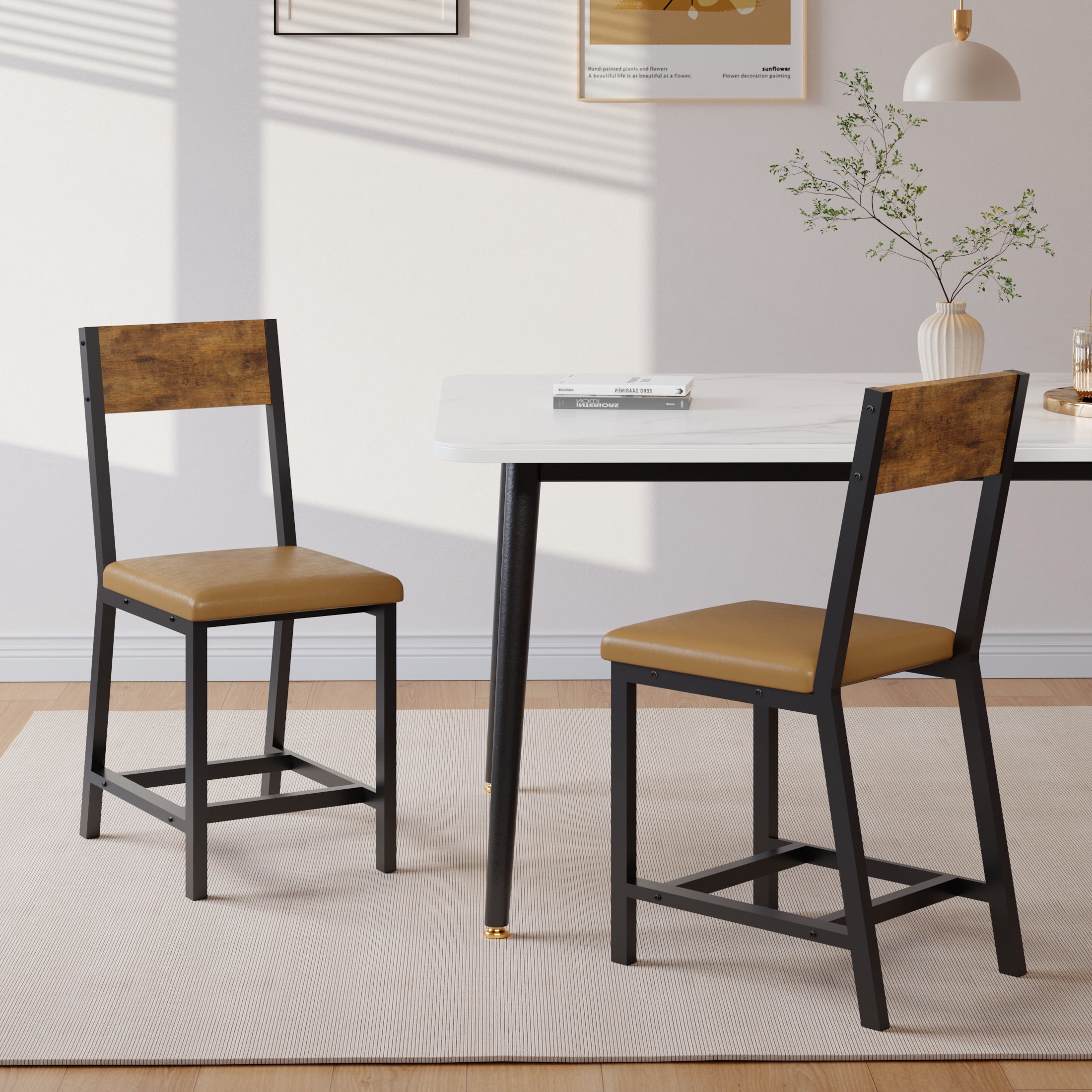 Gelloan Dining Chair Set of 2, Rustic Wood Chairs with Metal Steel Frame and Cushion Seat, Modern Farmhouse Chair for Kitchen, Bedroom, Living Room,Brown