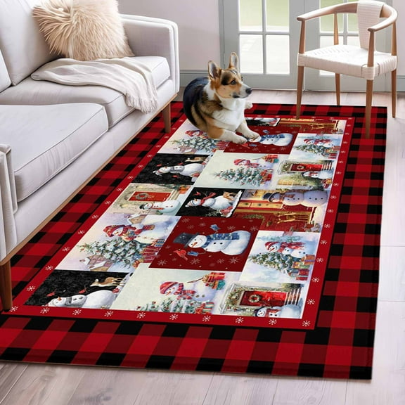 Christmas Area Rug 3x5 Washable Rug Non Slip Snowman Cardinal Red Black Buffalo Plaid Large Area Rug Indoor Floor Carpet for Entryway Bedroom Kitchen Living Room Home Office Dining Room Nursery