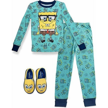 Nickelodeon Spongebob 2 PC Long Sleeve Tight Fit Cotton Pajama And Slippers Set Boy Size 6