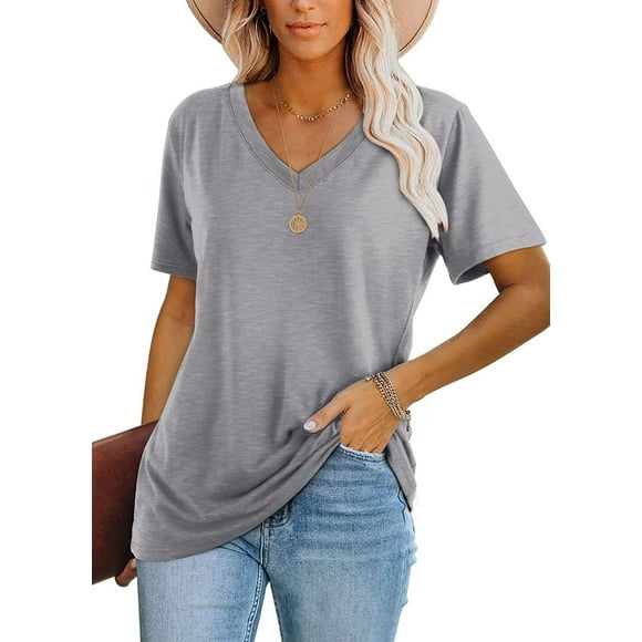 Camiseta Lunivop para mujer, cuello en V, manga corta, holgada, gris