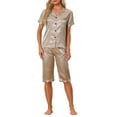 thumbnail image 2 of INSPIRE CHIC Women's Satin Pajamas Sets Short Sleeve Button Tops with Capri Pants 2 Pcs Loungewear XS Champagne, 2 of 6