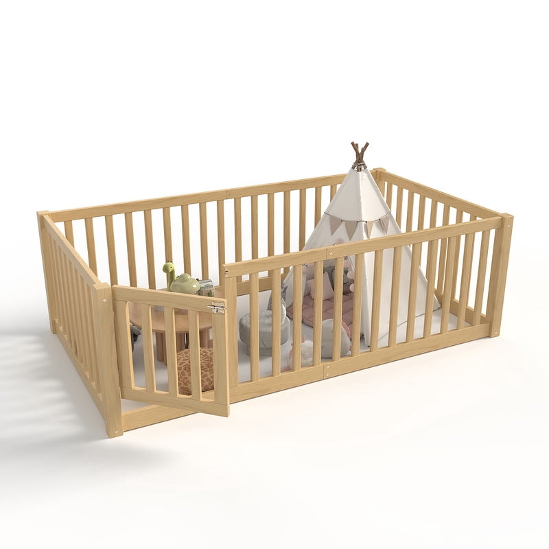 Bellemave Twin Montessori Bed Frame, Wood Twin Size Floor Bed with High Fence Rails, Twin Beds Frame for Bedroom Playroom (Natural)