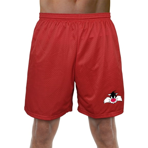 Looney Tunes Sylvester Mens Lined Mesh Shorts, Red, Small
