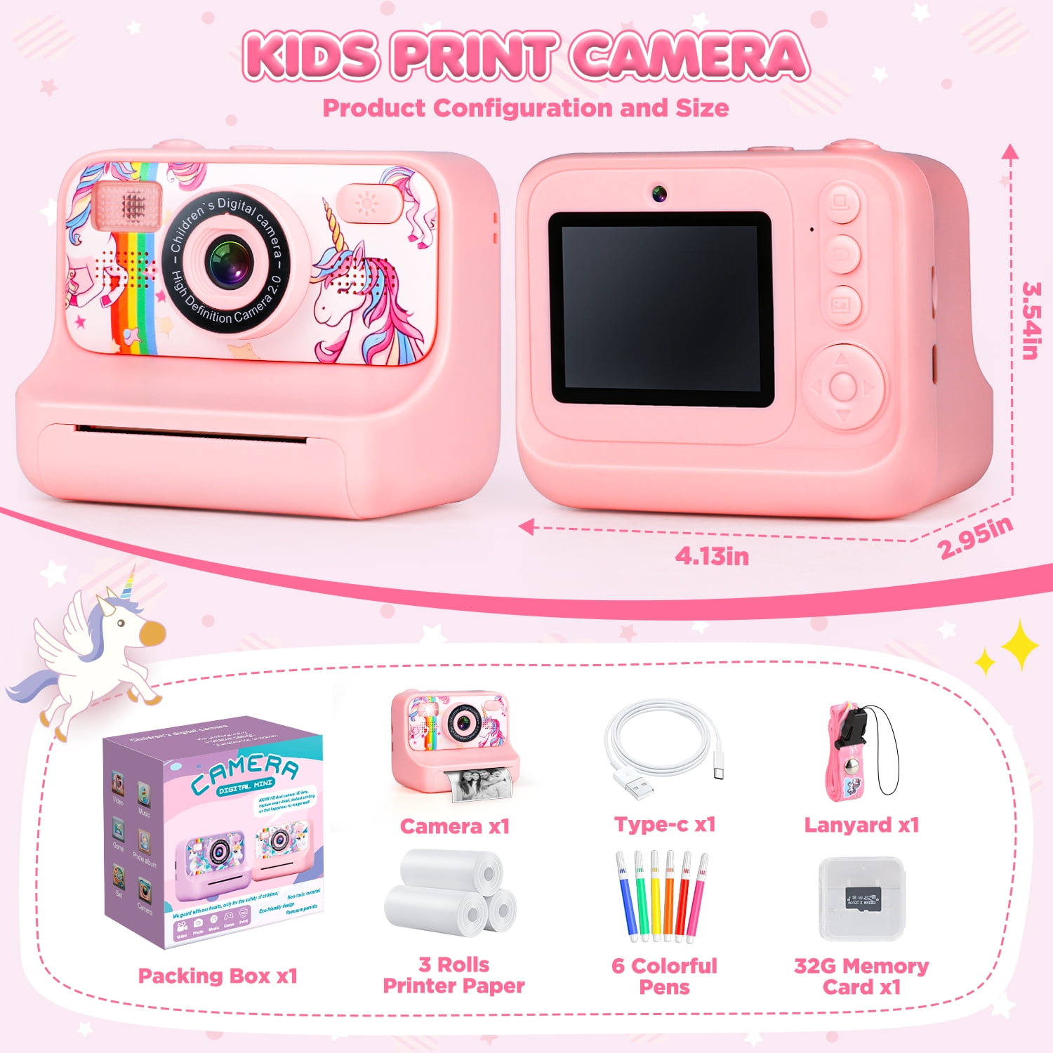 UQN Kids Digital Camera, 1080p Instant Print Camera for Boys Girls 3-10 Years Old, 32GB Unicorn Photo Toys, Birthday Christmas Gifts for 3 4 5 6 7 8 Year Old Kids Toddlers-Pink