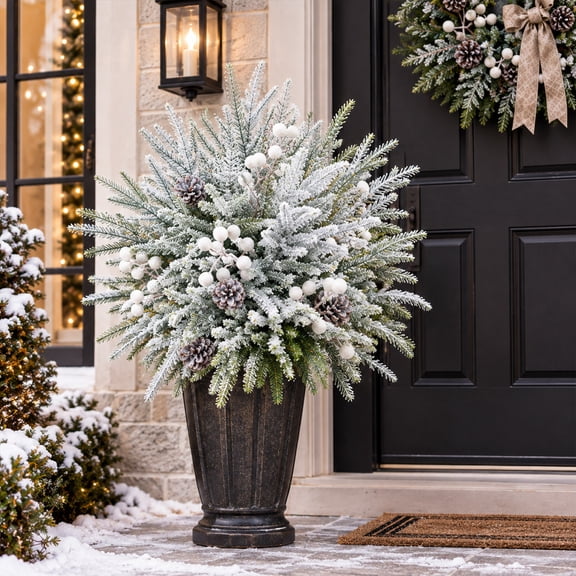 Cadancy Christmas Garden Stakes Artificial Flocked Cedar Branch with Pine Cone Outdoor Yard Patio Planter Insert Decor for Winter Holiday Porch Scene Arrangement