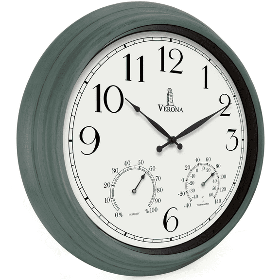 18 inch Outdoor Clocks for Patio Large Waterproof with Thermometer - Teal Blue Outdoor Clock with Temperature and Humidity for Wall - Weatherproof, Accurate & Easy to Read for Pool, Patio & Garden