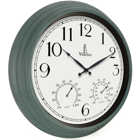 18 inch Outdoor Clocks for Patio Large Waterproof with Thermometer - Teal Blue Outdoor Clock with Temperature and Humidity for Wall - Weatherproof, Accurate & Easy to Read for Pool, Patio & Garden