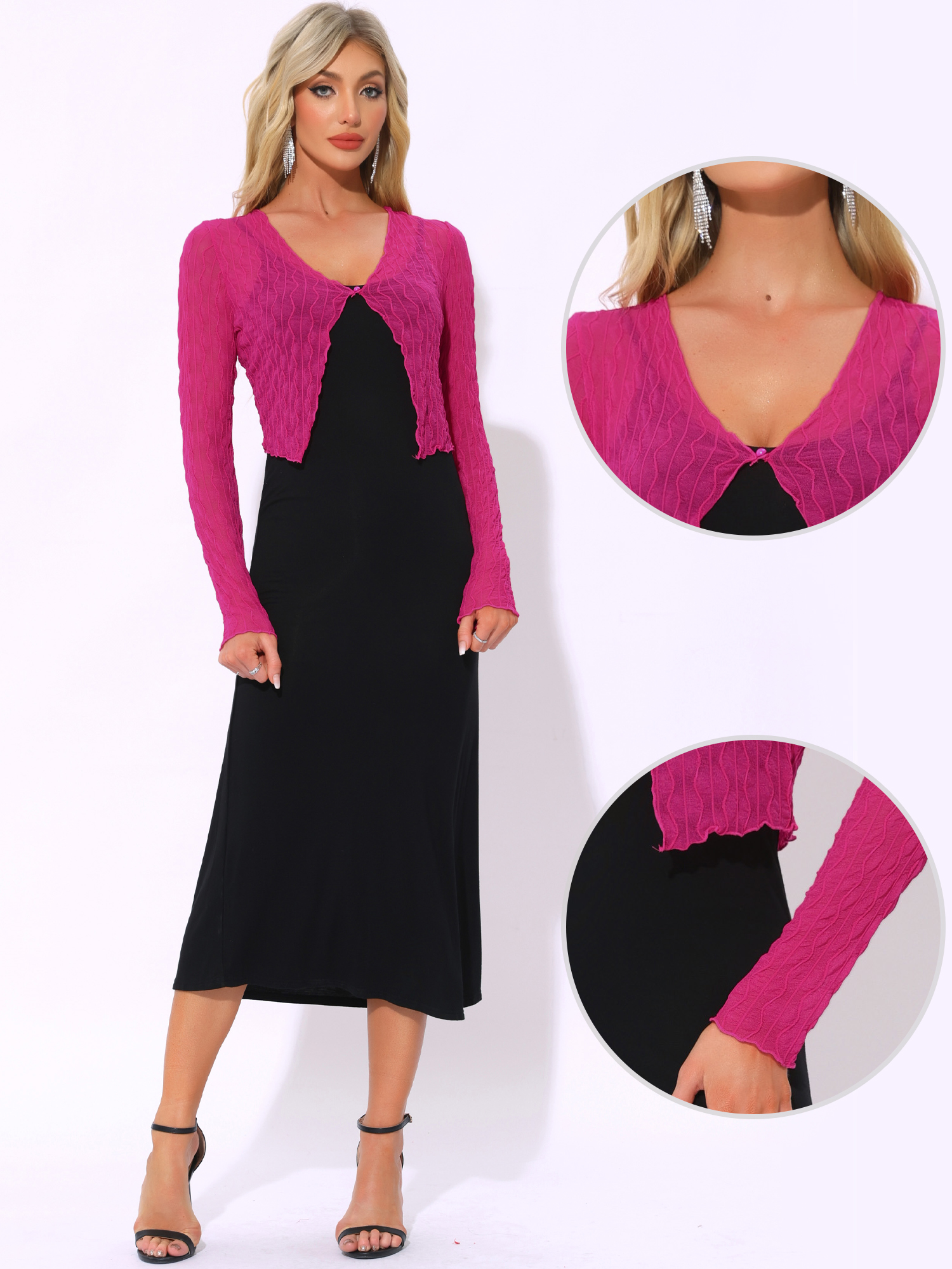 DARING DIVA Women's Bolero Shrug Sheer Mesh Tie Front Textured Crop Shrug XL Hot Pink