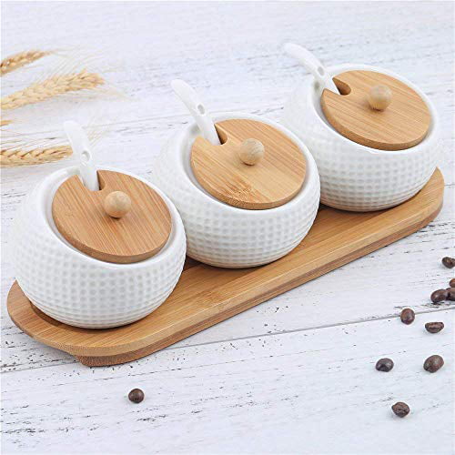 Ceramic Serving Spoon Kitchen Set of 3 Spice Storage Canister for Home Porcelain Condiment Jar Spice Container with Lids and Spoons Blue Counter Wooden Tray