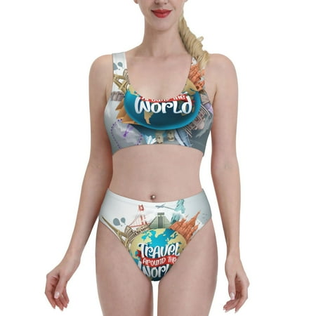 Bixox Travel Around The World Pattern Two-Piece Sports Bikini with U-Shaped Top and High-Waist Bottom - Women s Swimwear with Removable Bra Pads