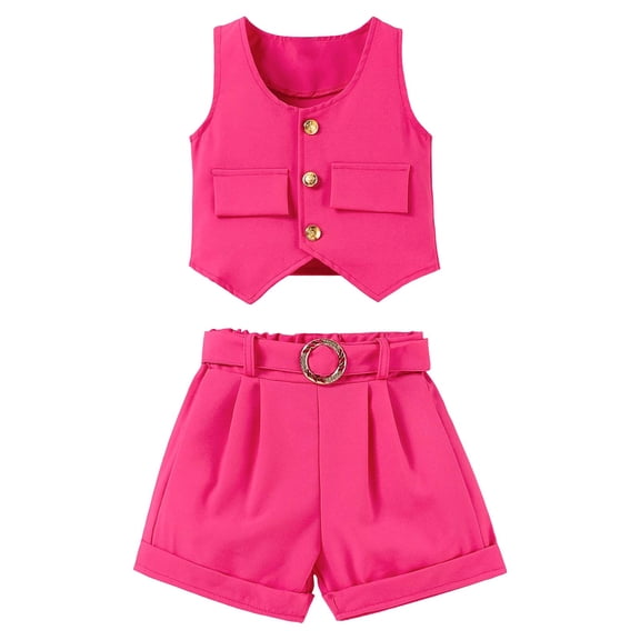 Gyexs Size 6-7 Girls School Clothes Button Down Sleeveless Vest Tops Elastic Waist Short Sets with Belts Casual Loose #09 Hot Pink 6-7 Years