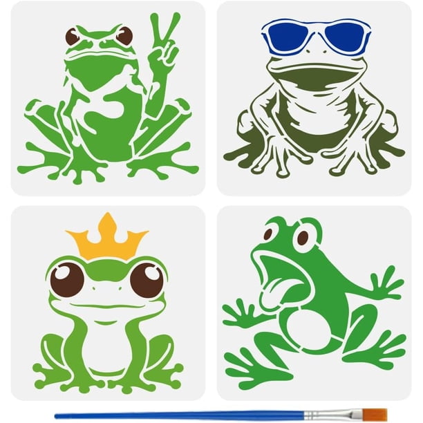 4 plantillas de ranas divertidas con 1 pincel de 5,9 x 5,9 pulgadas. Plantilla de rana con gafas de sol. Plantilla de rana con temática animal.
