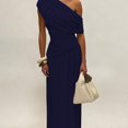 thumbnail image 4 of Navy Blue Women One Shoulder Ruched Maxi Dress Asymmetrical Draped Neck Slim Fit Evening Party Gown, 4 of 5