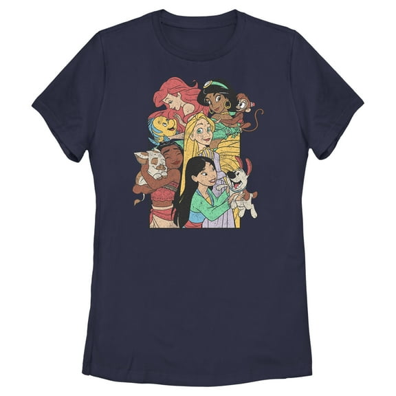Women's Disney Princess Pets Distressed Graphic Tee Navy Blue 2X Large