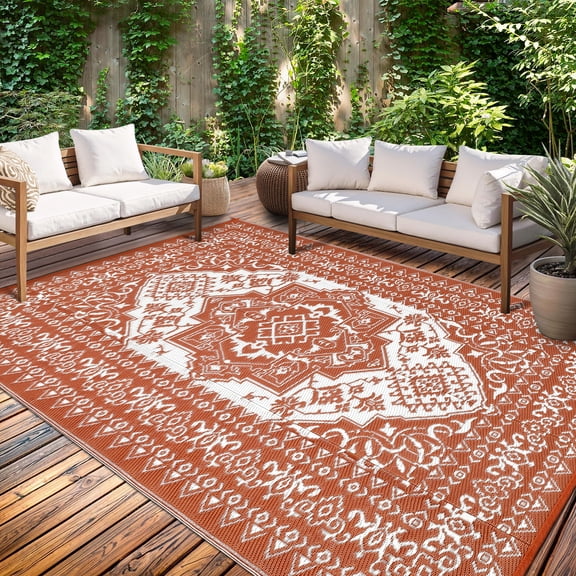 Haperlare 9x12ft Boho Outdoor Rugs Waterproof Reversible Plastic Straw Rug, Large Vintage Medallion RV Camping Carpet for Deck, Picnic, Beach, Pool, Garden, Orange