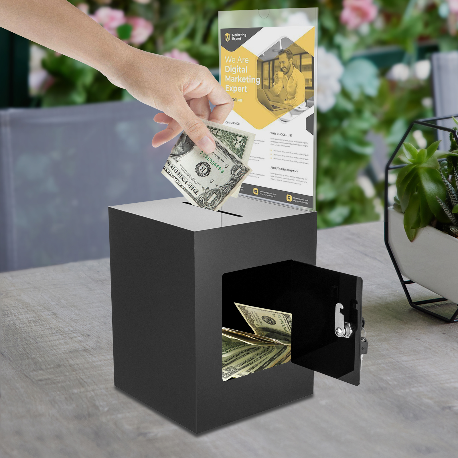 Acrylic Charity Donation Ballot Box Acrylic Suggestion Box with Lock and Sign Plate,Fundraising Coin collection Tip Box with 2 Keys, 11" H x 8.5" W x 8.5"L