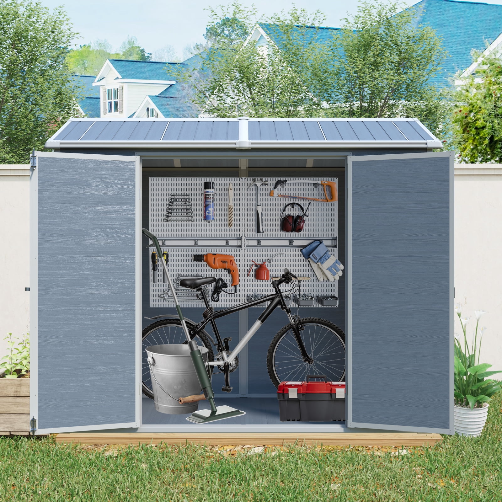 IMagacFun 8x4 Resin Outdoor Storage Shed Heavy Duty Waterproof Shed Plastic Shed with Floor,2 Windows and Lockable Doors for Garden Patio Backyard Grey