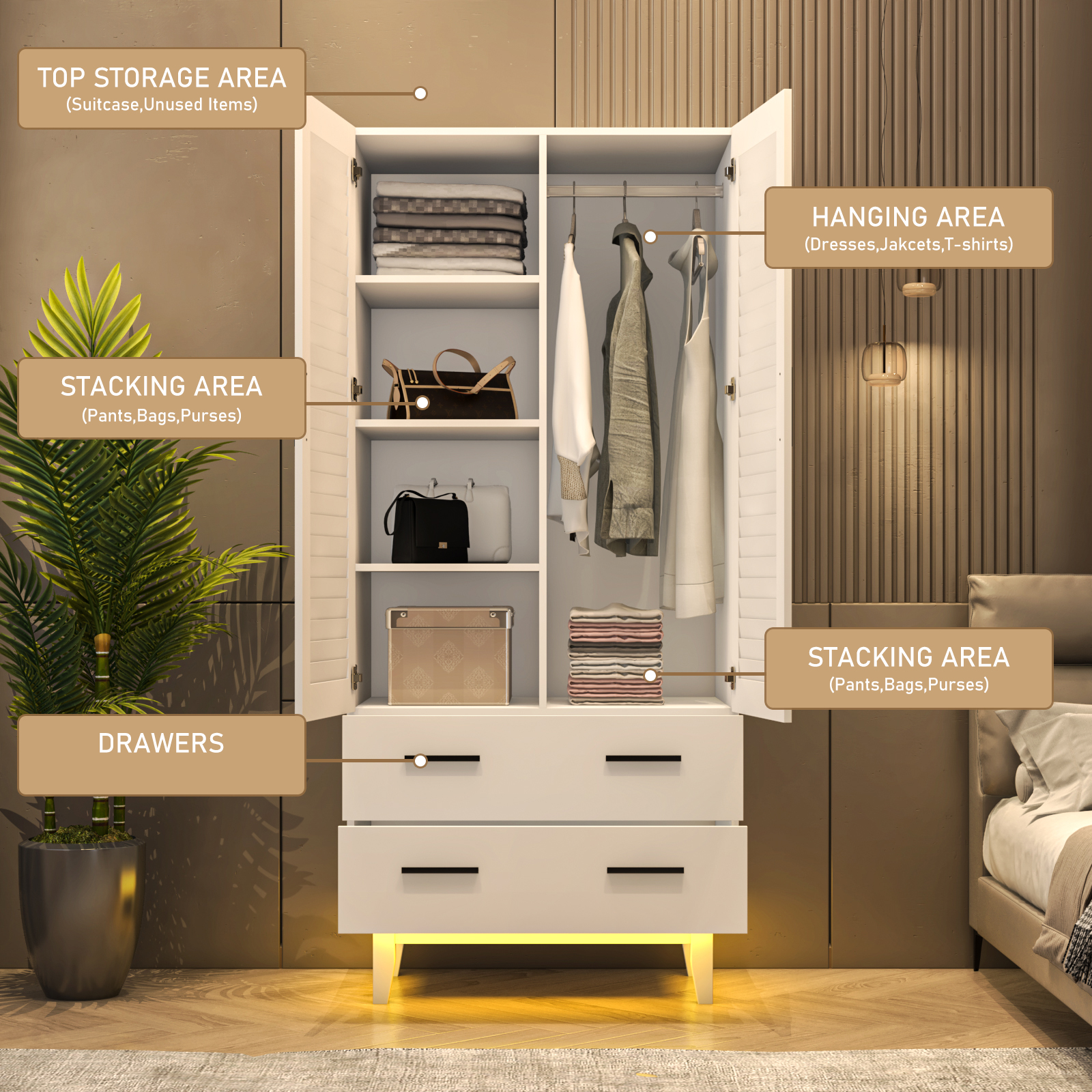 Blotout 70” Tall LED Armoire Wardrobe with Mirror & 2 Drawers, 2 Door LED Wood Wardrobe Armoire with Multi-Layer Shelves & Hanging Rod, Large Capacity Storage Cabinet w/Louver Doors, White