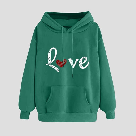 ClodeEU Womens Classic Heart-Print Hooded ,Long-Sleeve Loose Sweatshirt with Pockets Green,Womens Plus S