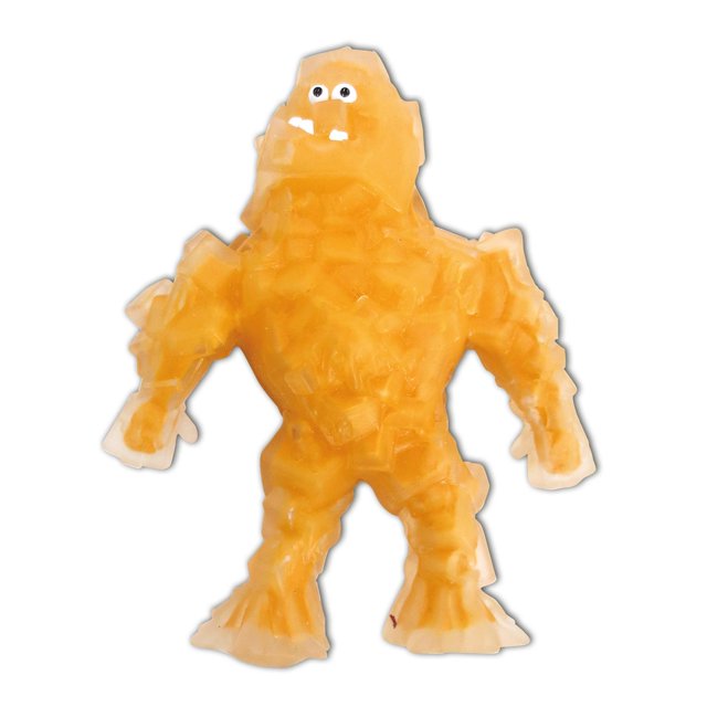 figura de acción fuxion toys stretchapalz flexors ice pal series 14 cm naranja. Vista frontal centrada de la figura elástica naranja de 14 cm con silueta humanoide y textura de bloques tipo hielo, brazos y piernas cortos, ojos blancos pintados y boca; fondo blanco. Coleccionable para mayores de 5 años, se estira hasta 3 veces su tamaño y regresa a su forma; a menudo se usa también como adorno temporal en estantes de juguetes.