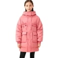 thumbnail image 2 of Zpanxa Girls Hooded Drawstring Waist Long Puffer Jacket Kids Loose Bubble Warm Winter Coat with Big Cargo PocketsPink 11-12Years, 2 of 5