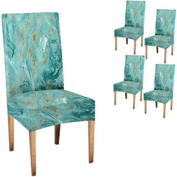 Abstract Turquoise Chair Covers for Dining Room 4 Pack Decorative Turquoise and Golden Paints Super Fit Stretch Removable Washable Short Dining Chair Protector Cover