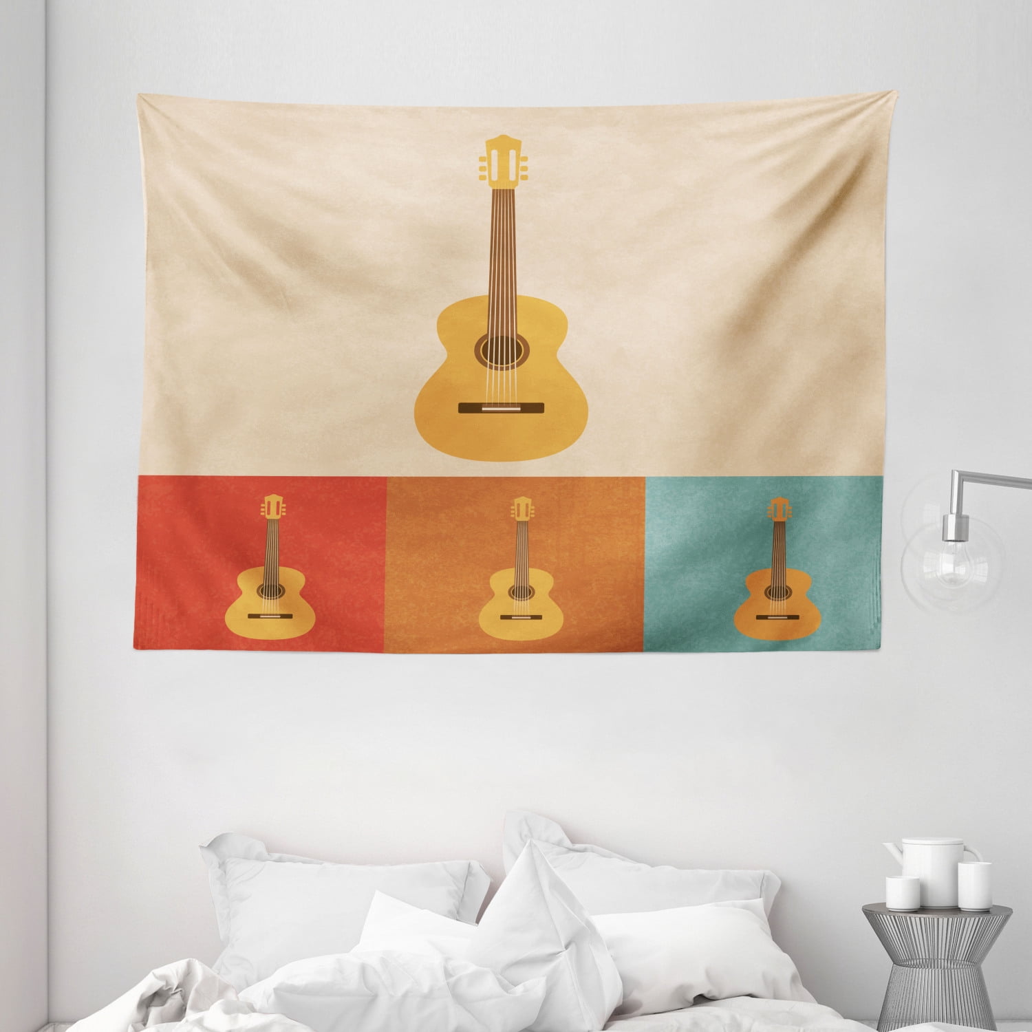 Guitar Tapestry, Retro Icons Acoustic Guitars in Colorful Frames