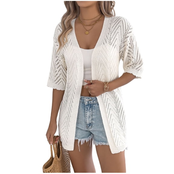 Lmueinov Womens Summer Cardigan Sweaters Boho Short Sleeve Knitted Open Front Lightweight Beach Cover Up Mid Length Elbow Sleeve Loose Fit Vacation Top